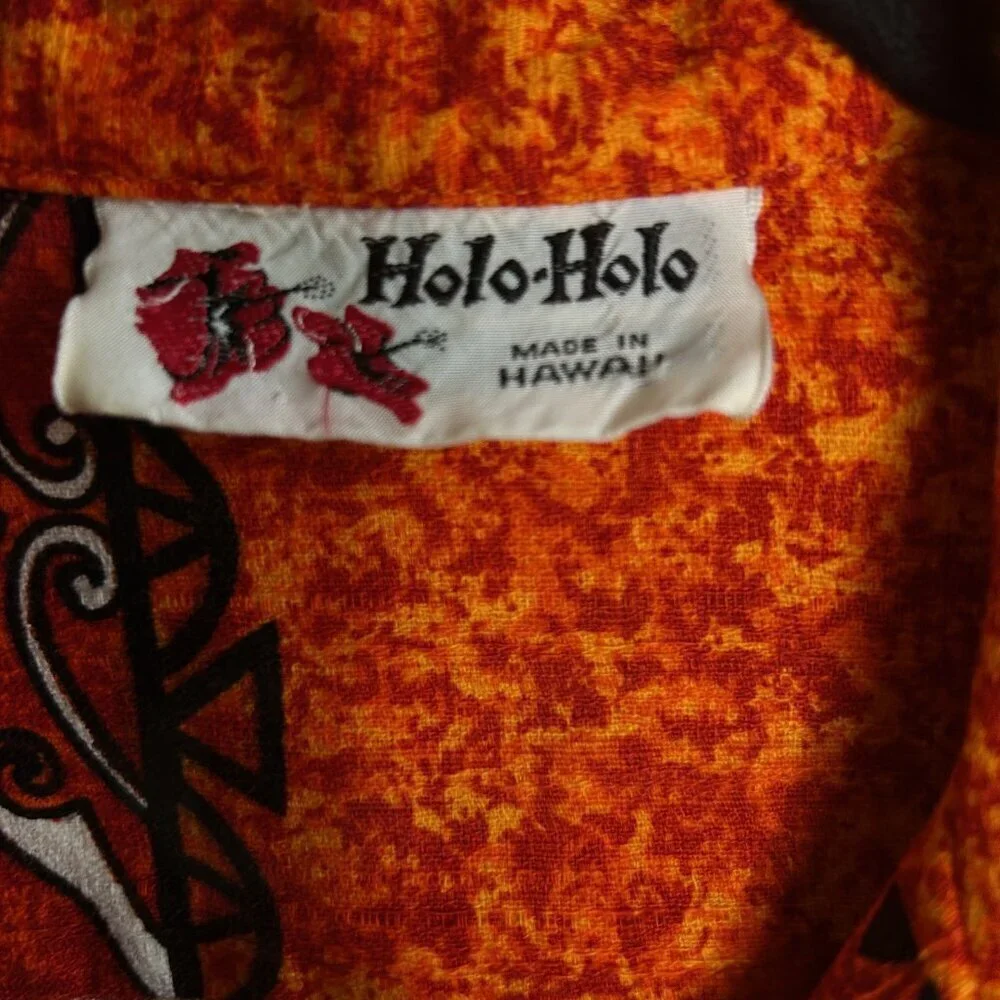 Holo Holo Vintage 70s Barkcloth Men's Swim Orange Tapa Print Shirt and Shorts